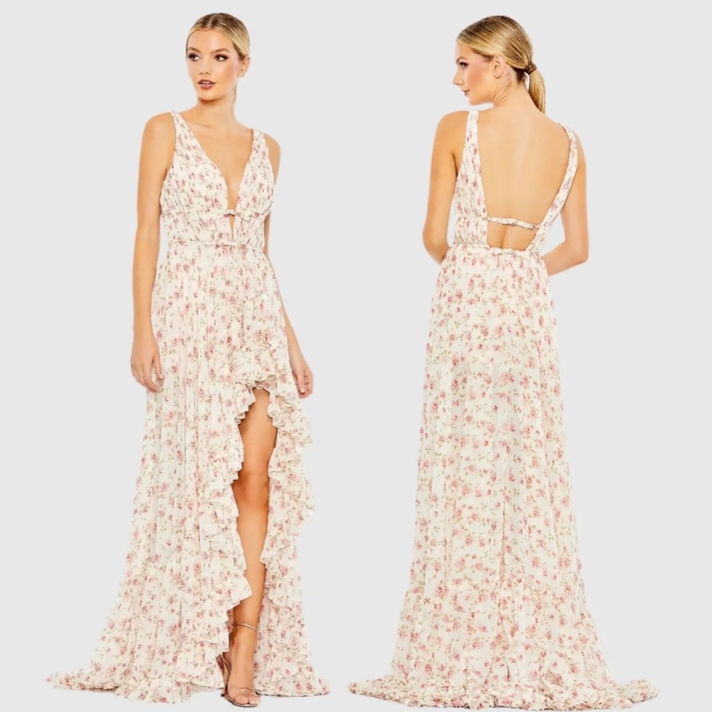 Mac Duggal 50659 Pink Floral Maxi Dress Ruffle Tiered Plunge Formal size 14